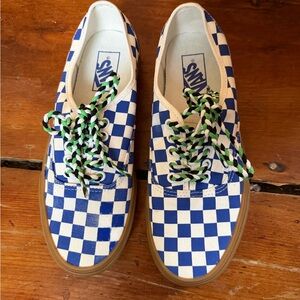Vans Classic Blue Checkered Shoes with Green Laces